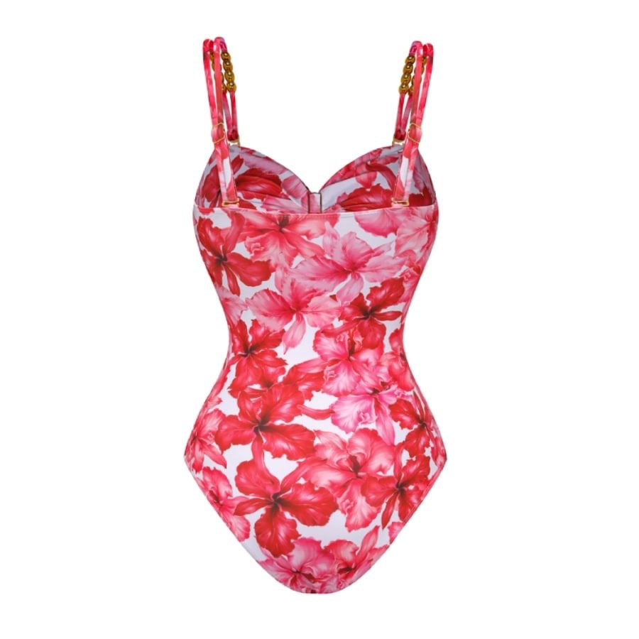 Red Floral Print Cut-Out One-Piece Swimsuit