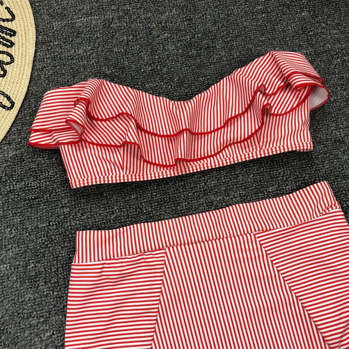 Women’s Sunset Coral Red Ruffle Bandeau High-Waist Bikini Set | Retro Stripe Swimwear