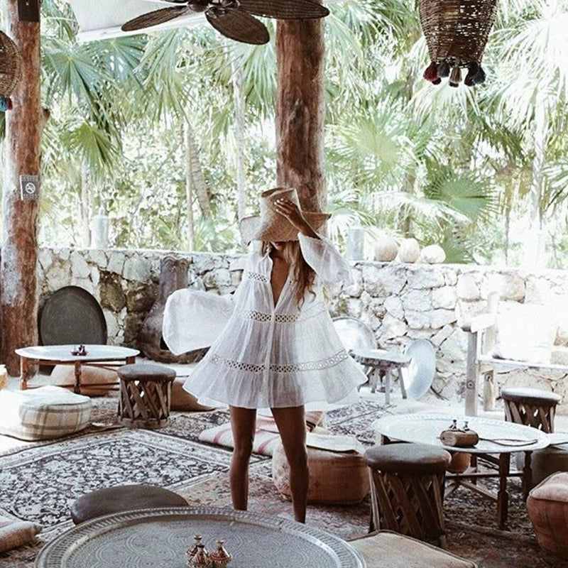 Bohemian White Flowy Beach Cover-Up Dress