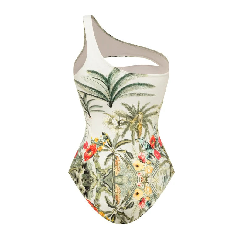 Women’s One-Shoulder Tropical One-Piece Swimsuit with Sheer Ruffle Sarong | Luxe Resort Swimwear