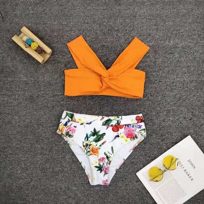 Orange Off-Shoulder Twist Bikini Set with Floral High-Waist Bottom | Women’s Two-Piece Swimwear