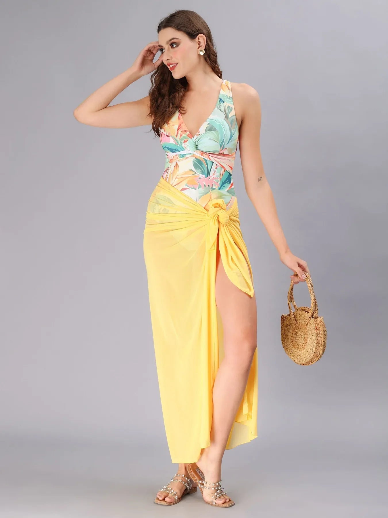Women’s Floral Cross-Back One-Piece Swimsuit with Yellow Sheer Sarong