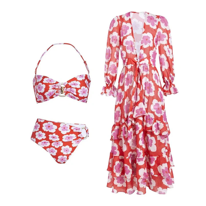 Pink & Red Floral Bikini with Long Sleeve Ruffle Cover-Up Dress