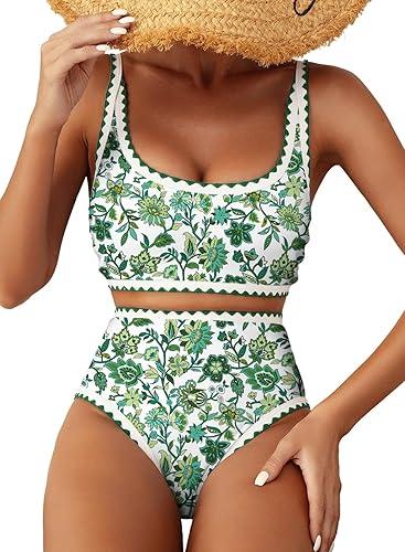 Green Floral High-Waisted Bikini Set – Scoop Neck Top & Vintage Botanical Print Swimwear