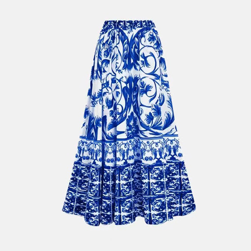 Blue & White Porcelain Print Ruffle Monokini with Matching Maxi Skirt – Elegant Resort Wear