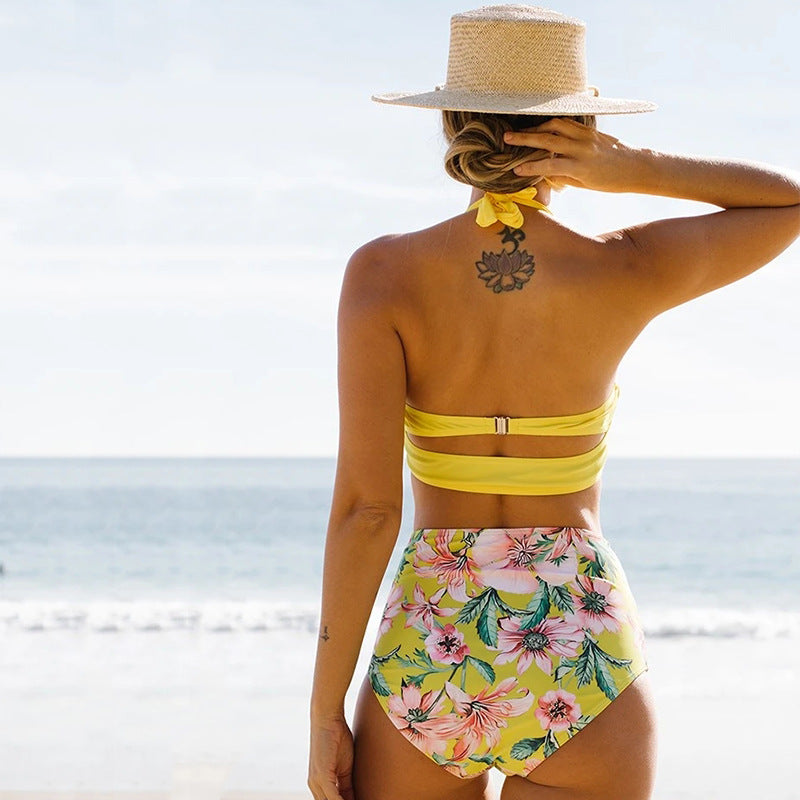 Sunshine Yellow Bandeau Bikini Set with Floral High-Waist Bottom | Women’s Beachwear Swim Set