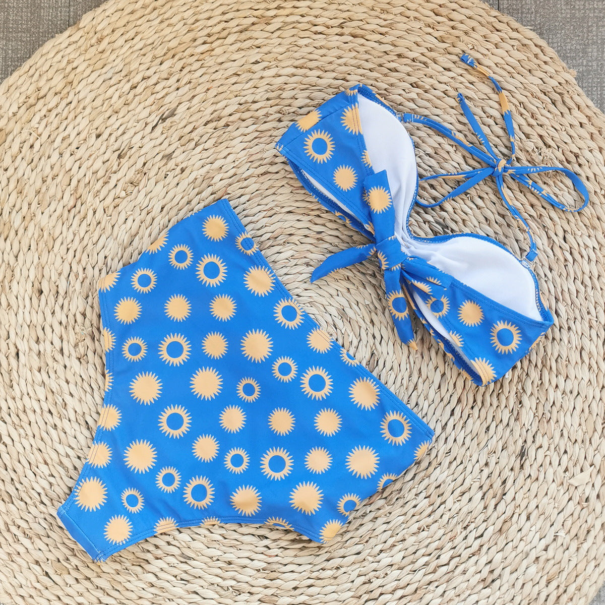Stylish Two-Piece Bandeau Bikini – High-Waisted & Sun Print Design