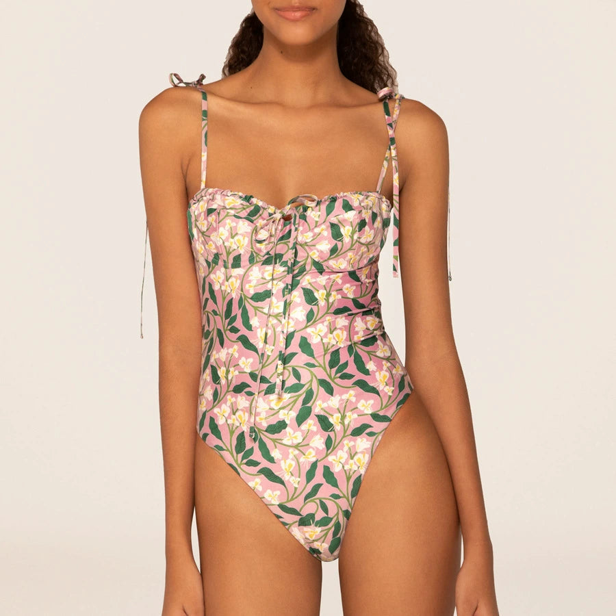 Pink Floral Print One-Piece Swimsuit with Ruched Bust & Tie Straps