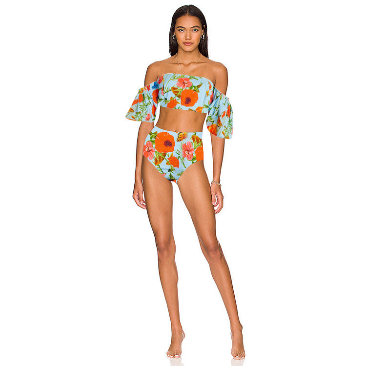 Floral Print 3-Piece Beachwear Set – Off-Shoulder Bikini, High-Waist Bottoms & Maxi Skirt