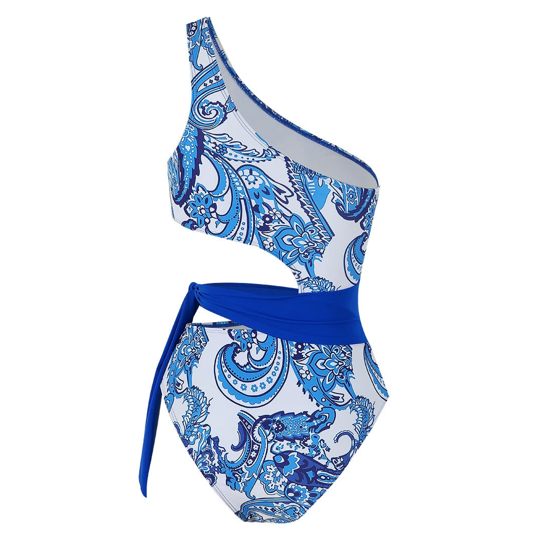 Blue Paisley One-Shoulder Cutout Swimsuit with Waist Tie