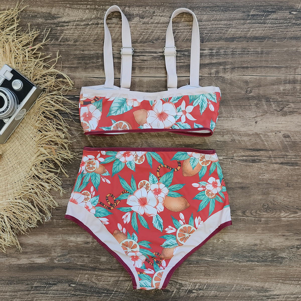 Vintage Floral High-Waisted Bikini with Buckle – Elegant Two-Piece Swimwear