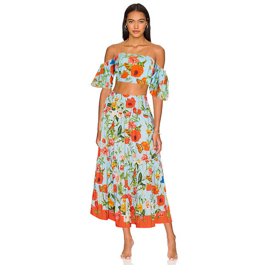 Floral Print 3-Piece Beachwear Set – Off-Shoulder Bikini, High-Waist Bottoms & Maxi Skirt