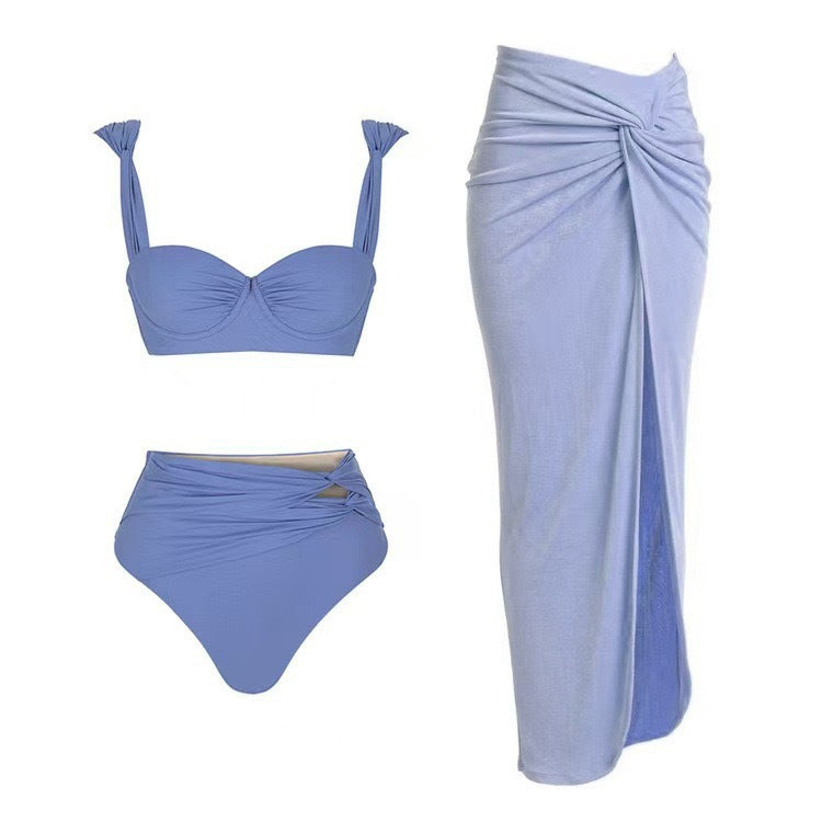"Elegant Blue Three-Piece Bikini Set with High-Waist Bottoms & Sarong Skirt"