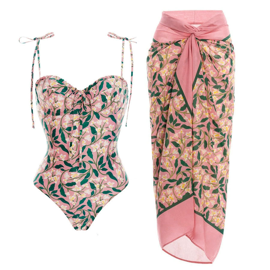 Pink Floral Print One-Piece Swimsuit with Ruched Bust & Tie Straps