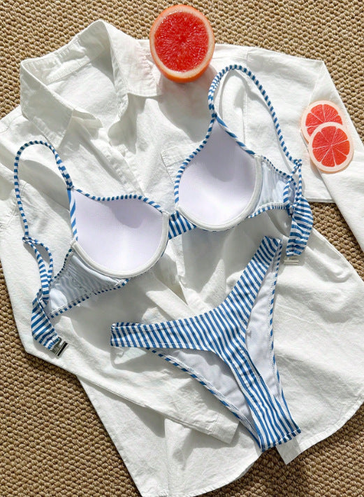 Blue & White Striped Underwire Bikini Set