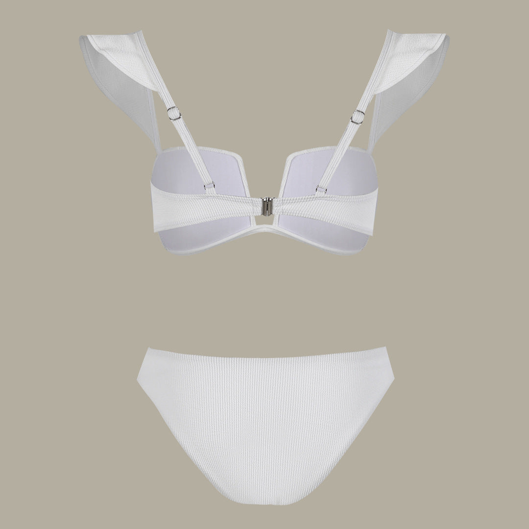 White Sculpted Bikini Set with Sheer Lace Flared Pants