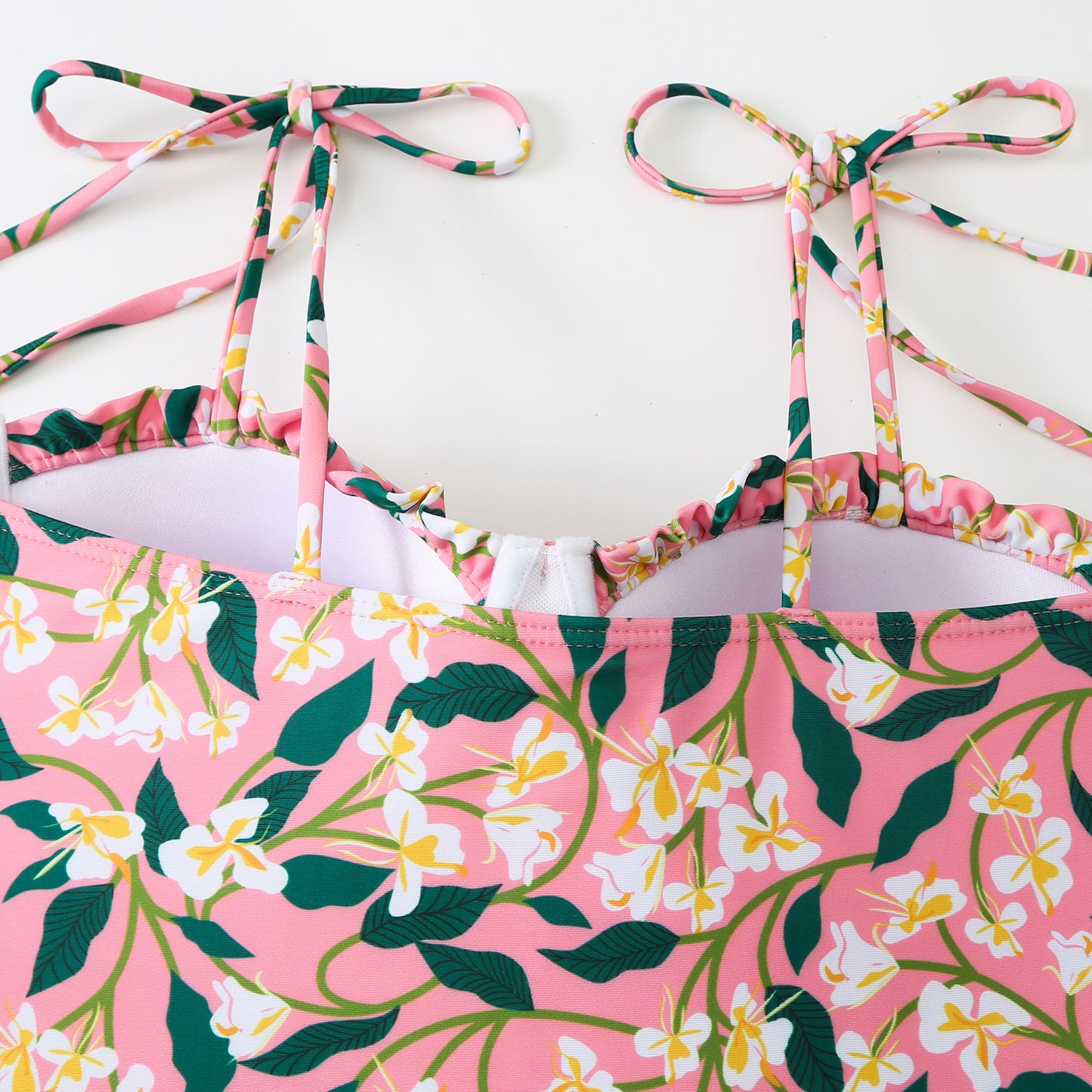 Pink Floral Print One-Piece Swimsuit with Ruched Bust & Tie Straps