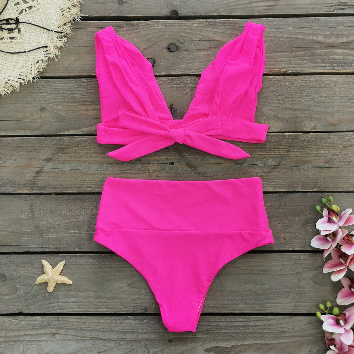 Fuchsia Plunge High-Waist Bikini Set