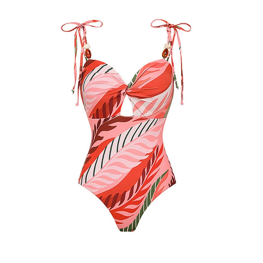 "Red & Pink Tropical Leaf Print One-Piece Swimsuit with Tie Straps"