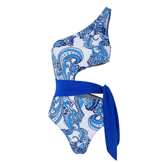 Blue Paisley One-Shoulder Cutout Swimsuit with Waist Tie