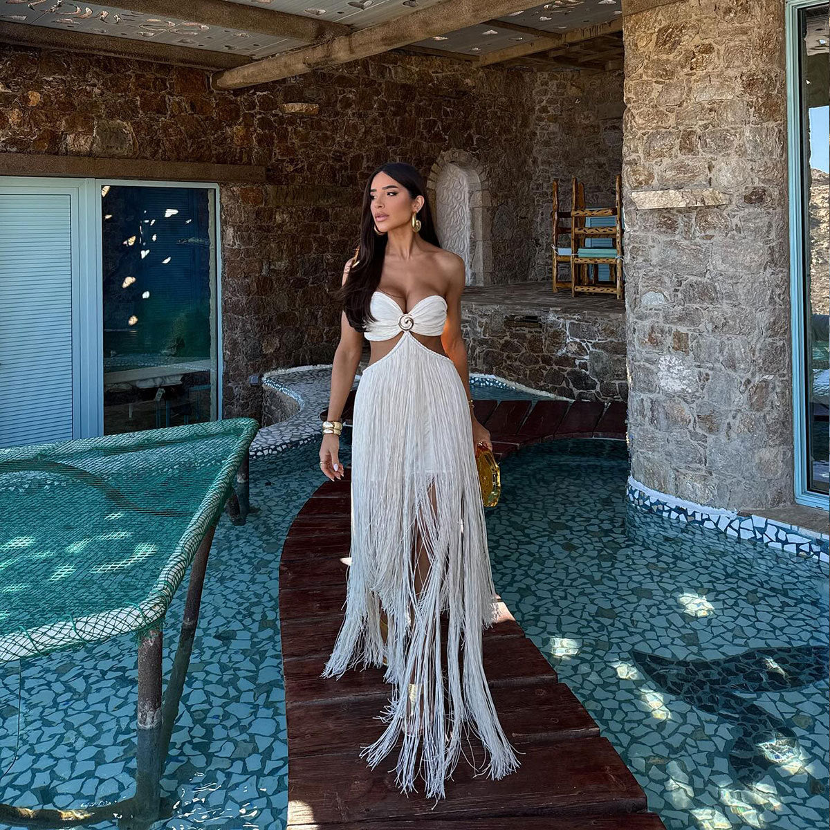 Ivory Fringe Detail Bandeau Maxi Beach Dress