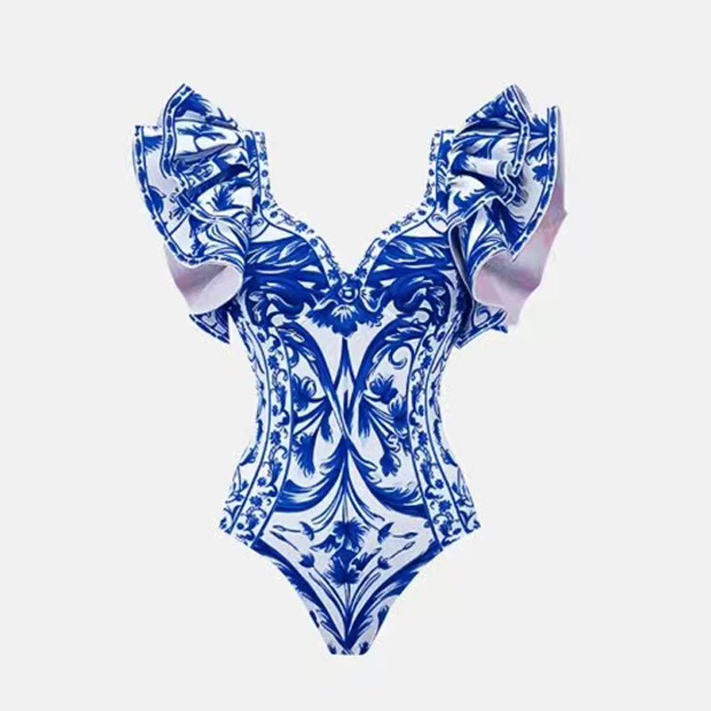 Blue & White Porcelain Print Ruffle Monokini with Matching Maxi Skirt – Elegant Resort Wear