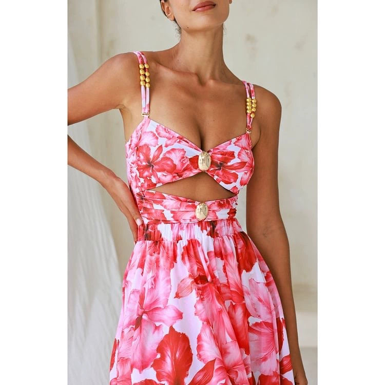 Red Floral Print Cut-Out One-Piece Swimsuit with Matching Maxi Skirt Cover-Up