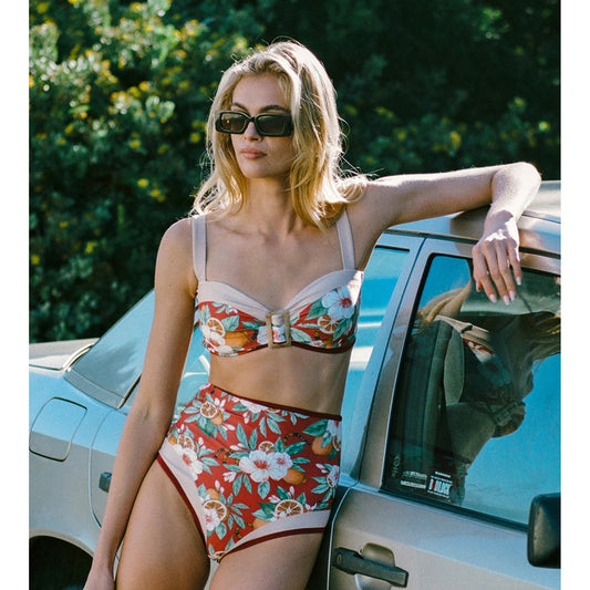 Vintage Floral High-Waisted Bikini with Buckle – Elegant Two-Piece Swimwear