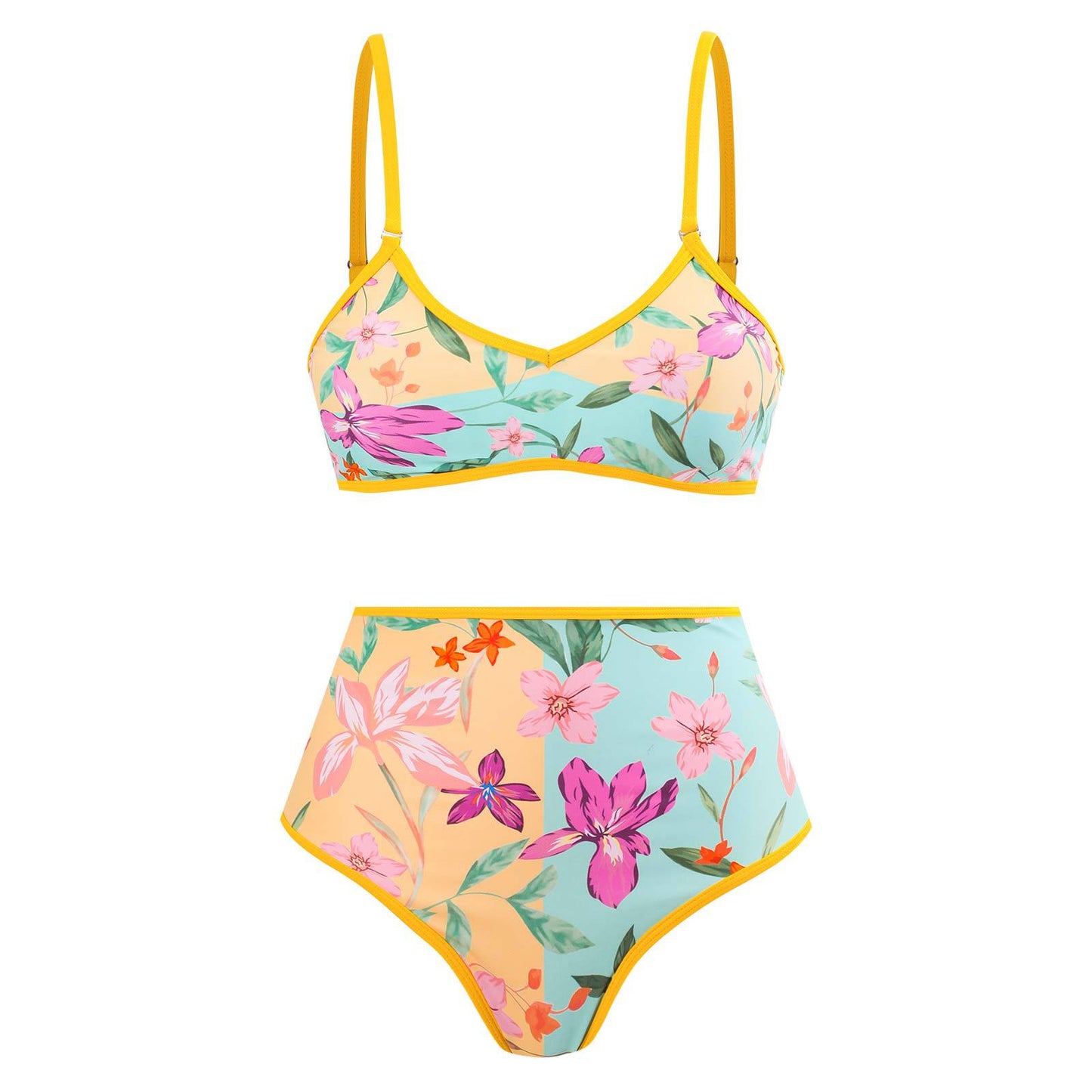 Floral High-Waisted Bikini with Matching Sarong – Tropical Beachwear Set