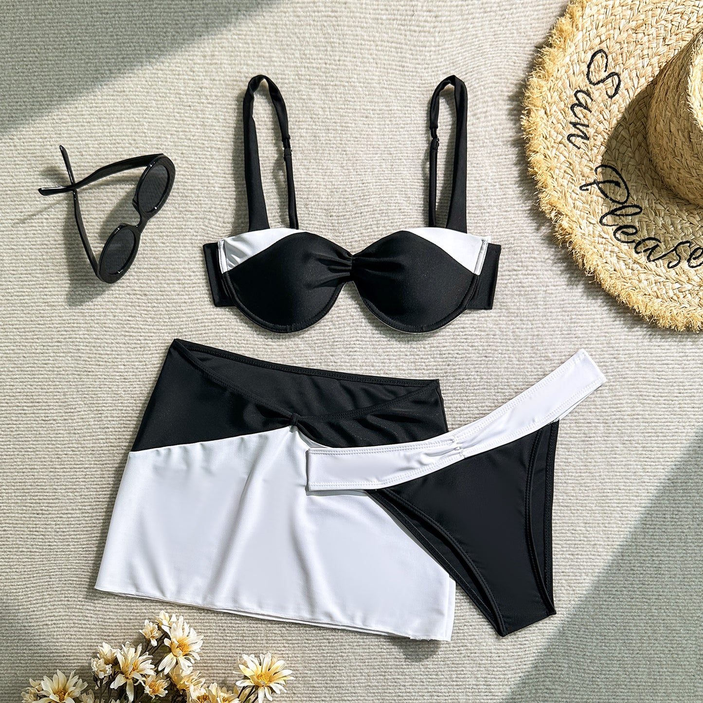 Black & White Bikini Set With Skirt