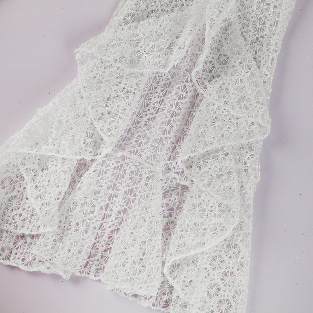 White Sculpted Bikini Set with Sheer Lace Flared Pants
