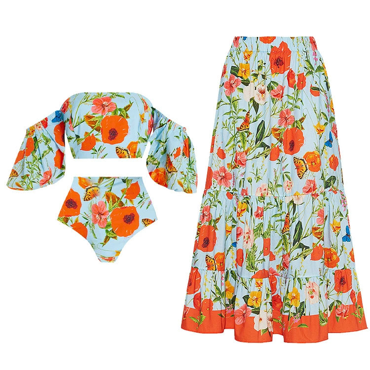 Floral Print 3-Piece Beachwear Set – Off-Shoulder Bikini, High-Waist Bottoms & Maxi Skirt