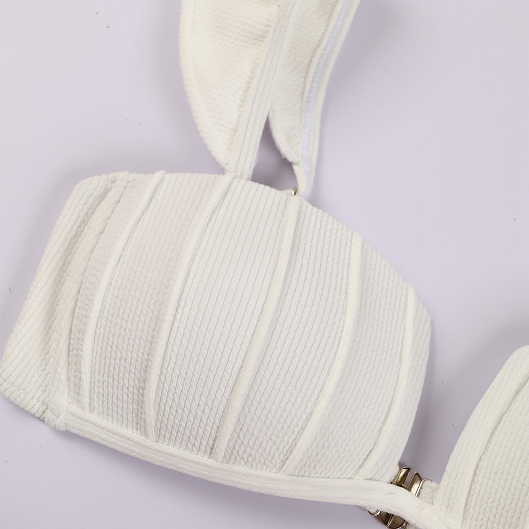 White Sculpted Bikini Set with Sheer Lace Flared Pants