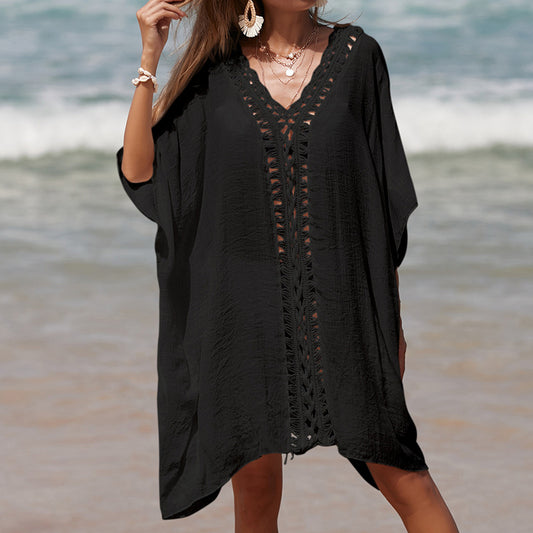 Black Breezy Bliss Crochet Beach Kaftan
