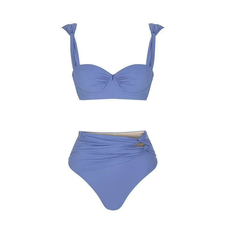 "Elegant Blue Three-Piece Bikini Set with High-Waist Bottoms & Sarong Skirt"