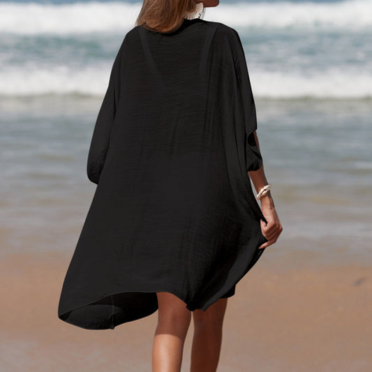 Black Breezy Bliss Crochet Beach Kaftan