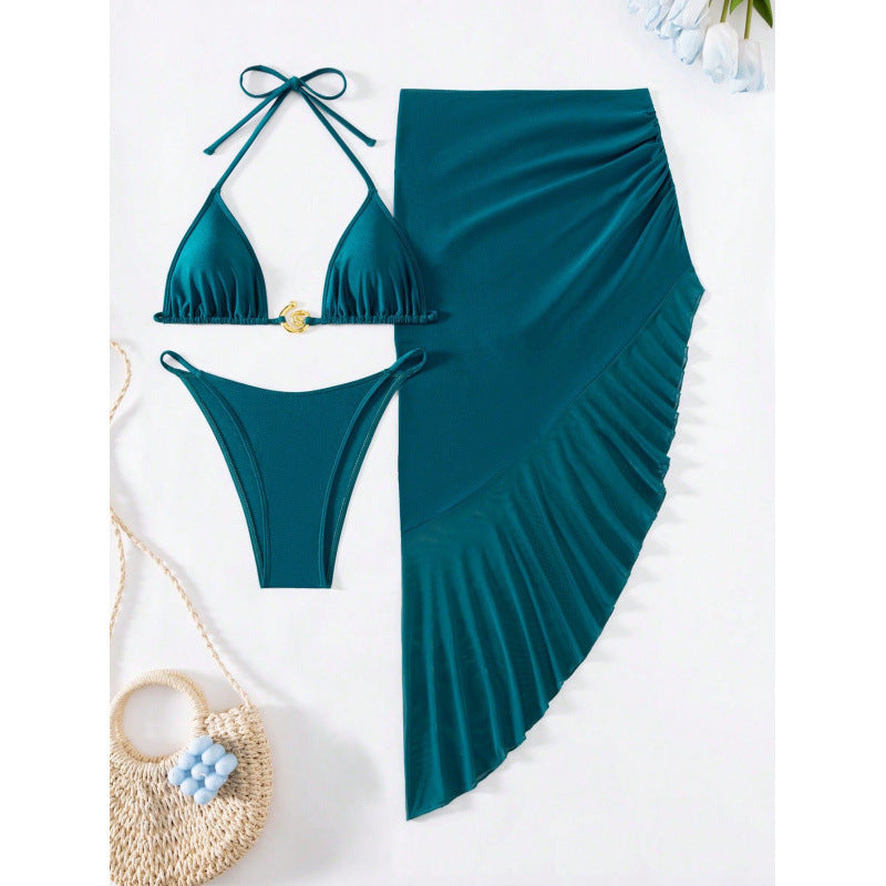 Teal Halter Bikini Set with Asymmetric Skirt