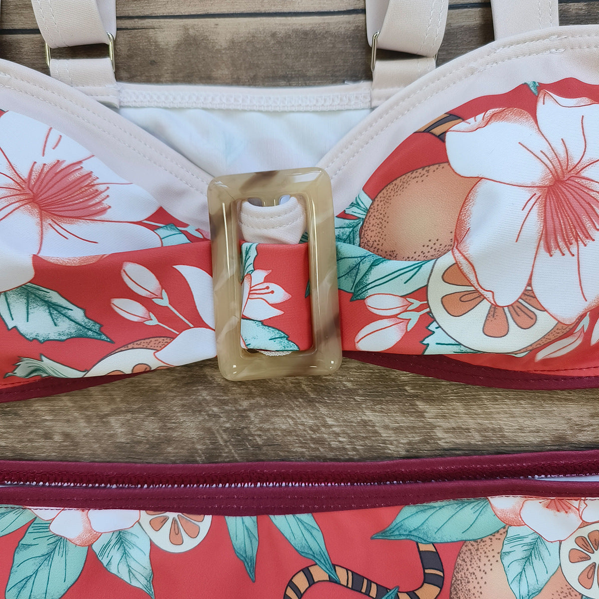 Vintage Floral High-Waisted Bikini with Buckle – Elegant Two-Piece Swimwear
