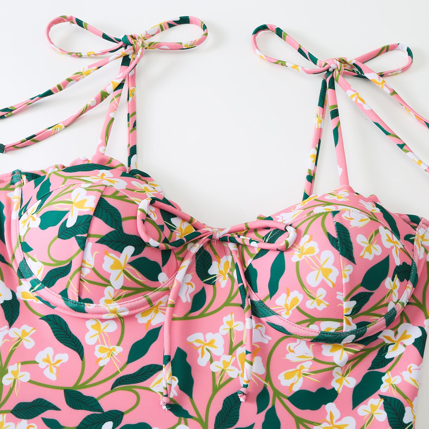 Pink Floral Print One-Piece Swimsuit with Ruched Bust & Tie Straps