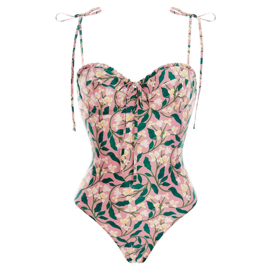 Pink Floral Print One-Piece Swimsuit with Ruched Bust & Tie Straps