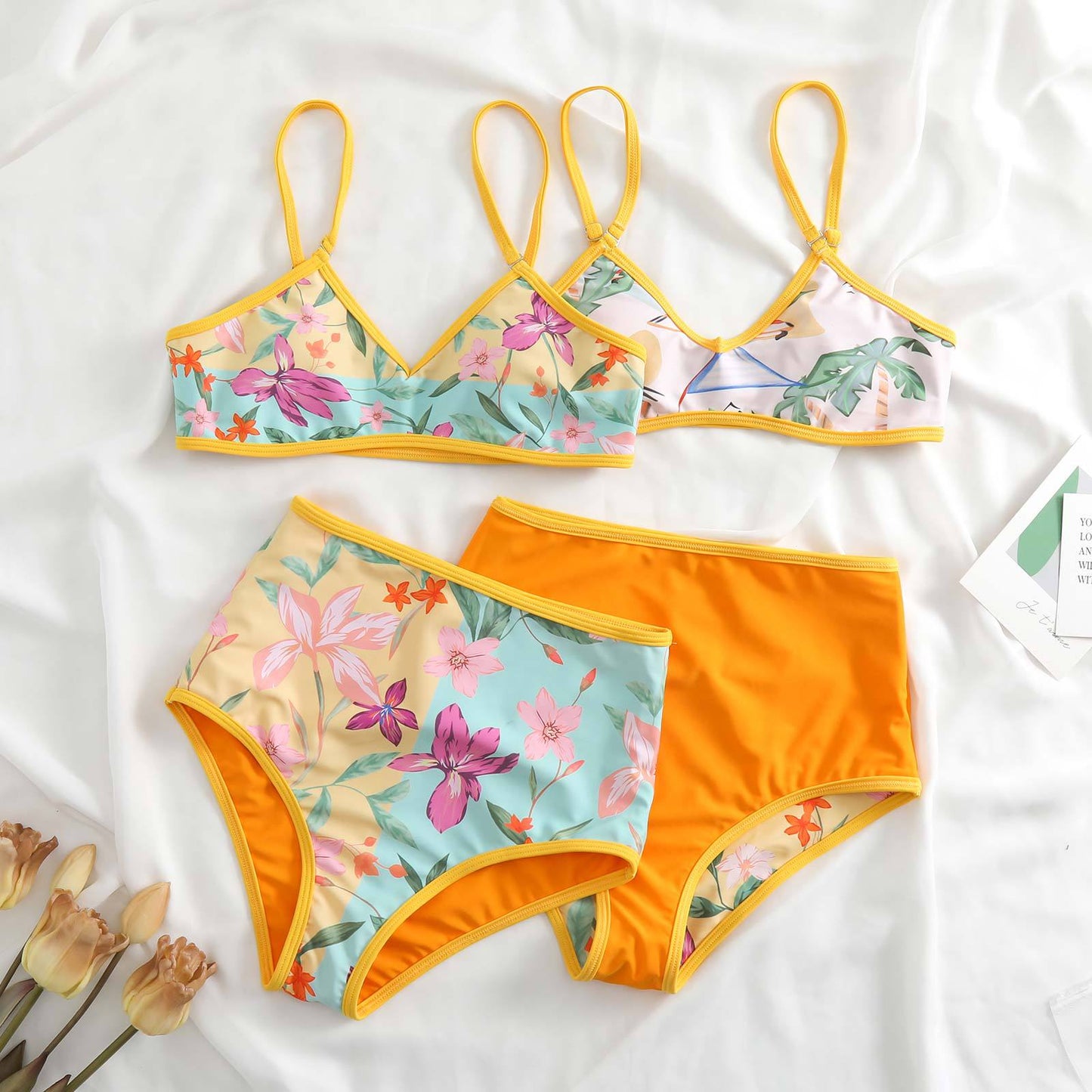 Floral High-Waisted Bikini with Matching Sarong – Tropical Beachwear Set