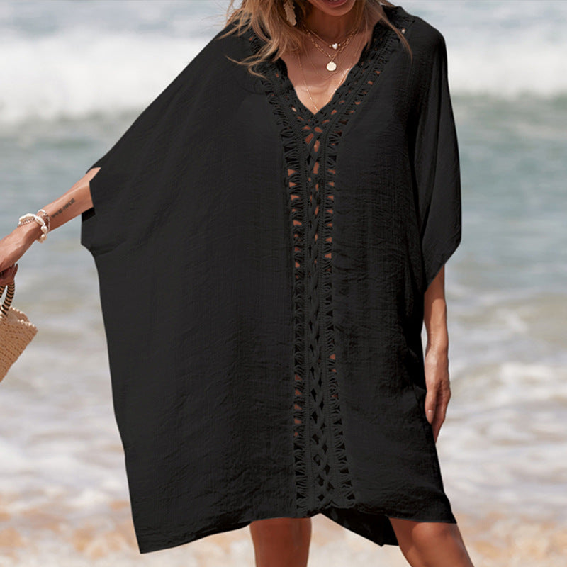 Black Breezy Bliss Crochet Beach Kaftan