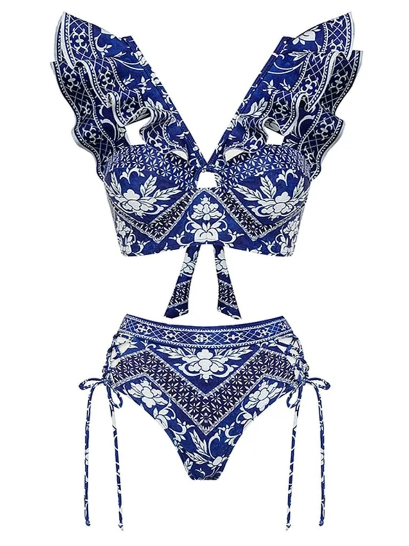 Boho Blue & White 3-Piece Swimwear Set – Ruffle Bikini with Maxi Sarong