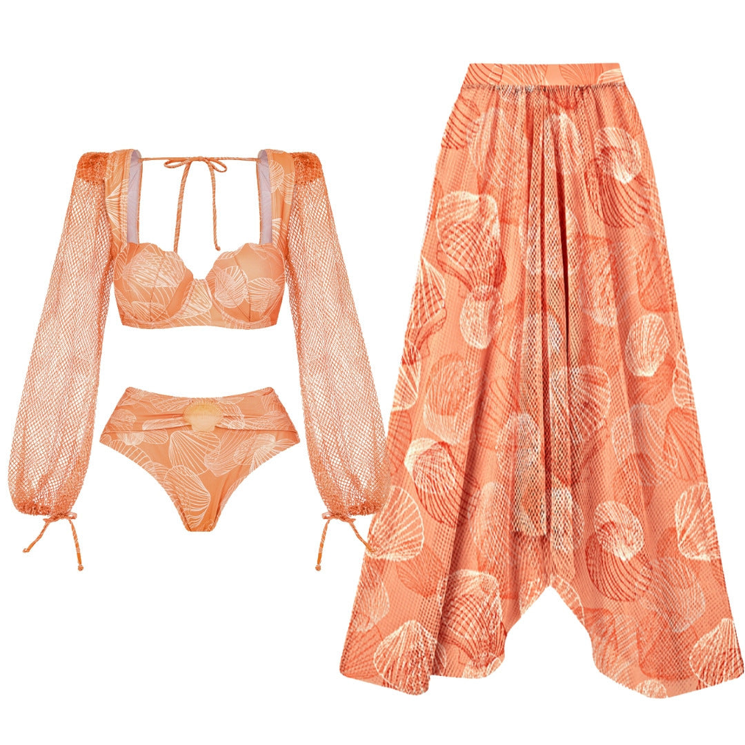Mesh Sleeve Bikini Set with High-Waist Bottom & Matching Maxi Cover-Up – Peach Shell Print Swimwear