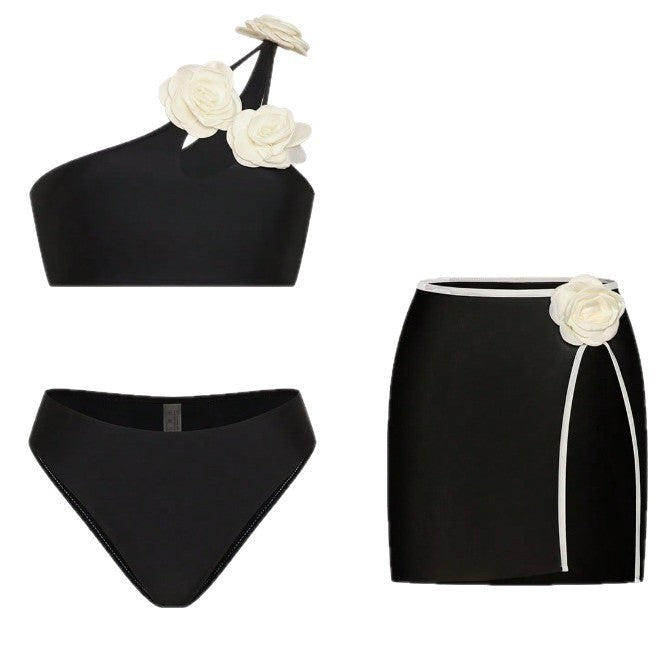 Black 3D Floral One-Shoulder Bikini Set with Skirt | Luxury Two-Piece Swimwear