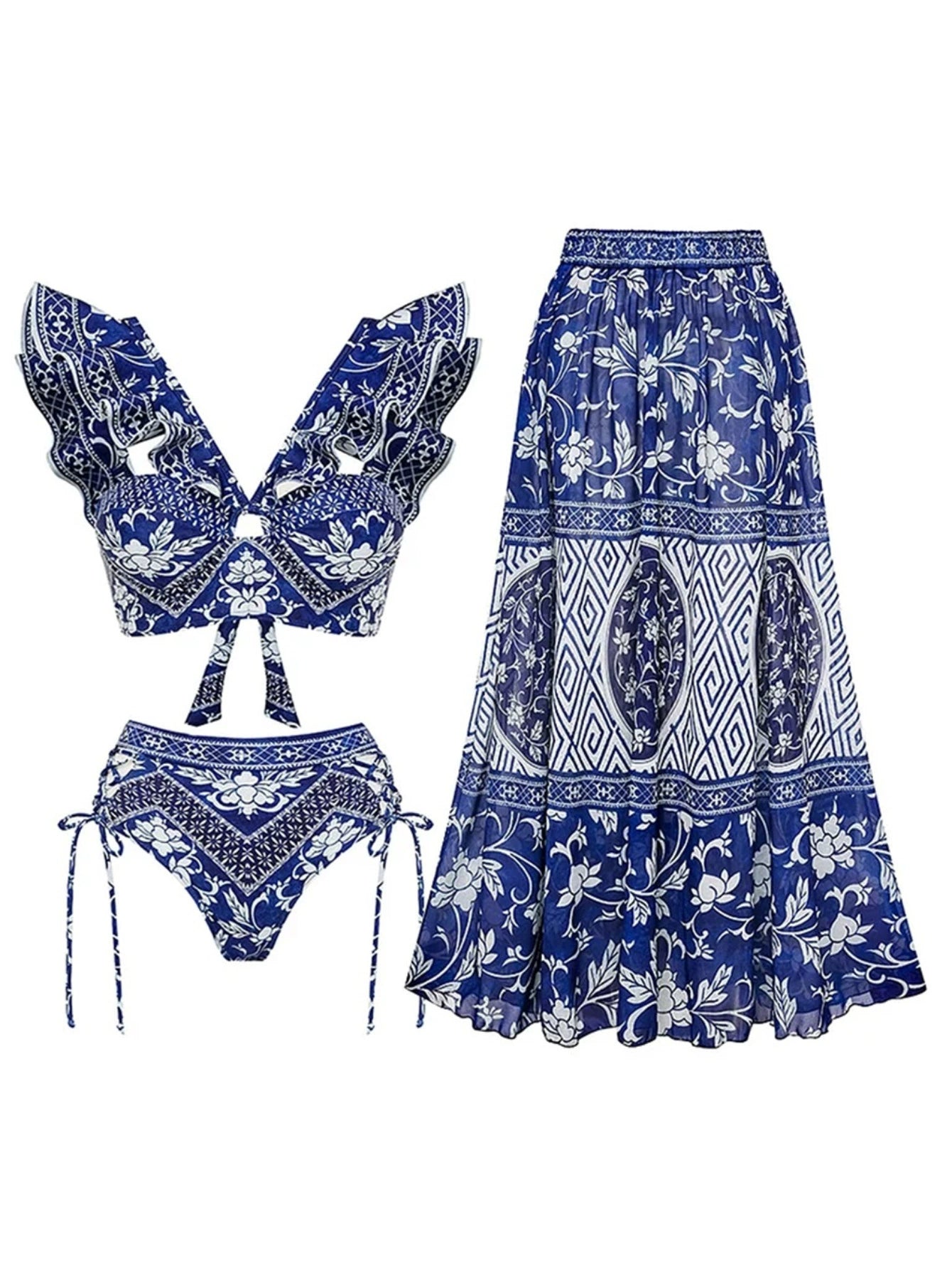 Boho Blue & White 3-Piece Swimwear Set – Ruffle Bikini with Maxi Sarong