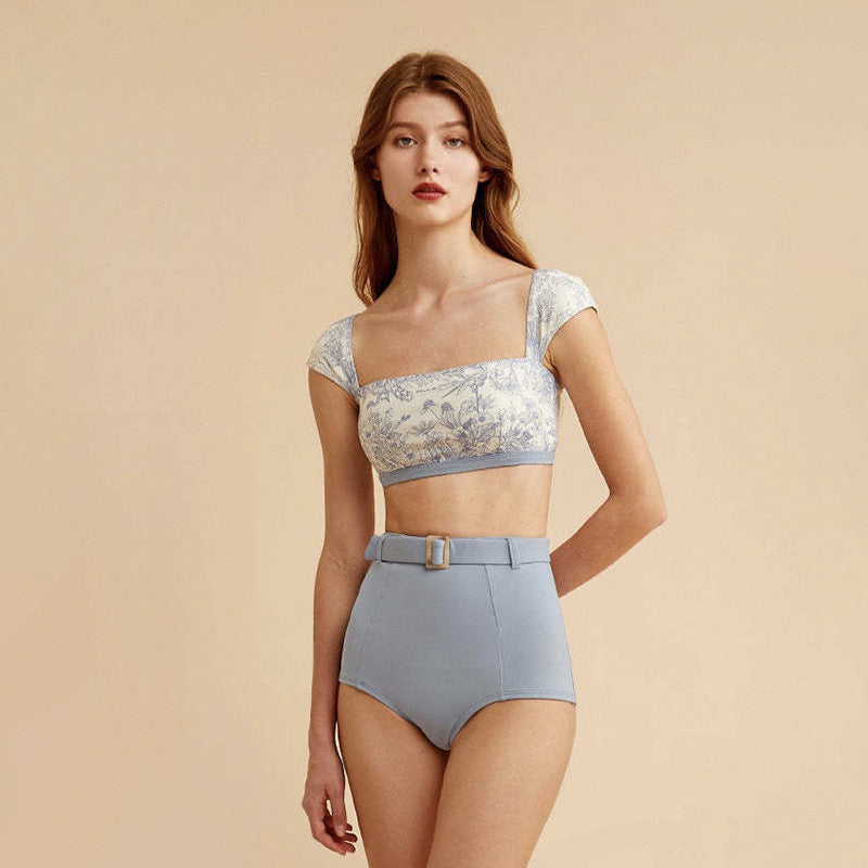 Vintage Blue Floral High-Waist Bikini Set | Women’s Square Neck Cap Sleeve Swimwear