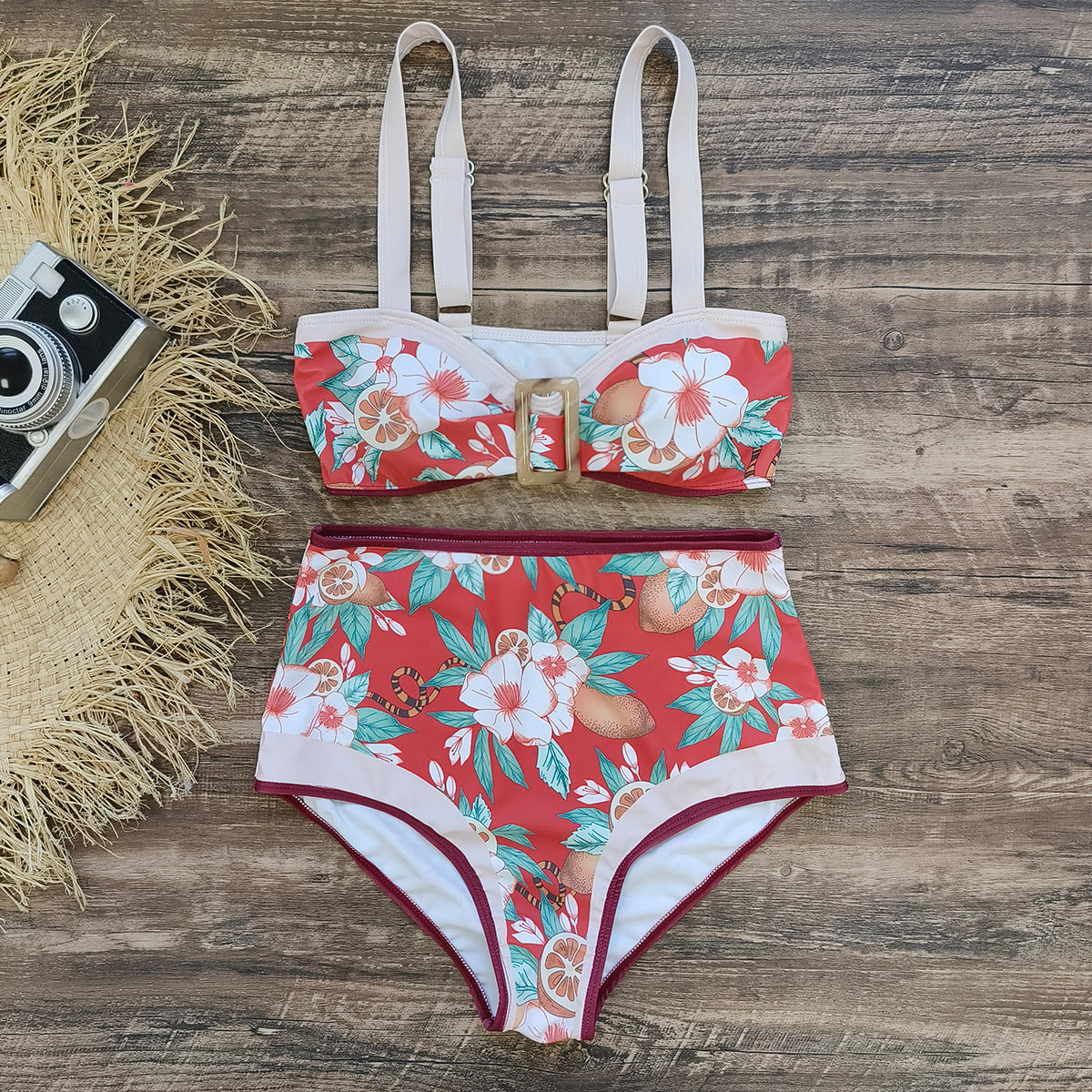 Vintage Floral High-Waisted Bikini with Buckle – Elegant Two-Piece Swimwear