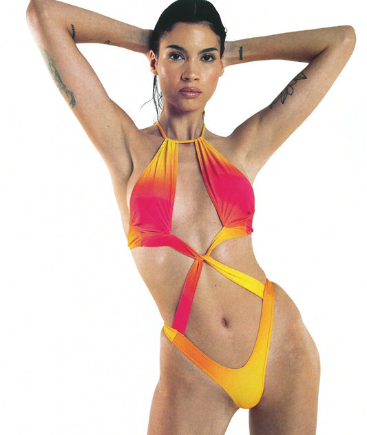 Sunset Ombre Halter Monokini with Crisscross Waist – Sexy Beach Swimwear