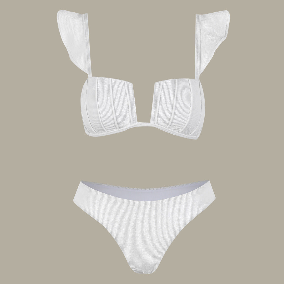 White Sculpted Bikini Set with Sheer Lace Flared Pants